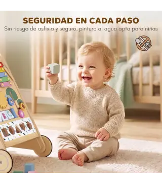Andador Madera Bebé Caminador Bebé con Juguetes Montessori Control de Velocidad 5 Bloques Ruedas Natural