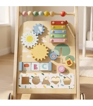 Andador Madera Bebé Caminador Bebé con Juguetes Montessori Control de Velocidad 5 Bloques Ruedas Natural