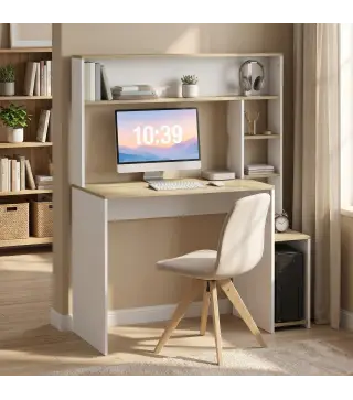 Mesa de Ordenador con Estantes Escritorio con Estanterías Soporte para Monitor CPU 114x45x138 cm Blanco y Natural