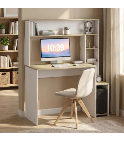 Mesa de Ordenador con Estantes Escritorio con Estanterías Soporte para Monitor CPU 114x45x138 cm Blanco y Natural