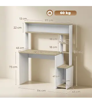 Mesa de Ordenador con Estantes Escritorio con Estanterías Soporte para Monitor CPU 114x45x138 cm Blanco y Natural