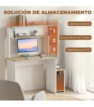 Mesa de Ordenador con Estantes Escritorio con Estanterías Soporte para Monitor CPU 114x45x138 cm Blanco y Natural