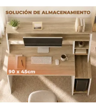 Mesa de Ordenador con Estantes Escritorio con Estanterías Soporte para Monitor CPU 114x45x138 cm Blanco y Natural