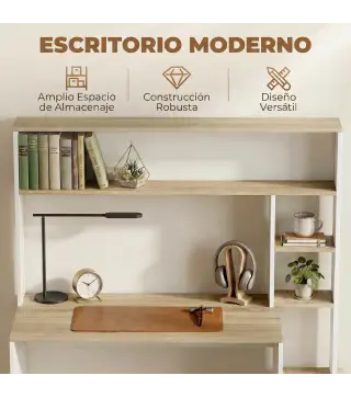 Mesa de Ordenador con Estantes Escritorio con Estanterías Soporte para Monitor CPU 114x45x138 cm Blanco y Natural