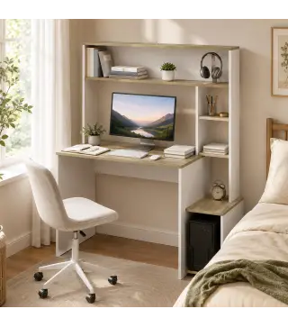 Mesa de Ordenador con Estantes Escritorio con Estanterías Soporte para Monitor CPU 114x45x138 cm Blanco y Natural