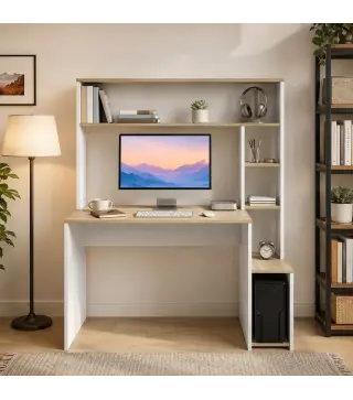 Mesa de Ordenador con Estantes Escritorio con Estanterías Soporte para Monitor CPU 114x45x138 cm Blanco y Natural