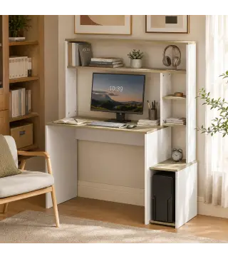 Mesa de Ordenador con Estantes Escritorio con Estanterías Soporte para Monitor CPU 114x45x138 cm Blanco y Natural