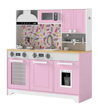 Cocina de Juguete de Madera con Accesorios de Acero Inoxidable Cafetera Máquina de Hielo Fregadero Fogones Rosa