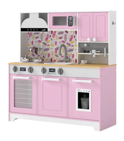 Cocina de Juguete de Madera con Accesorios de Acero Inoxidable Cafetera Máquina de Hielo Fregadero Fogones Rosa