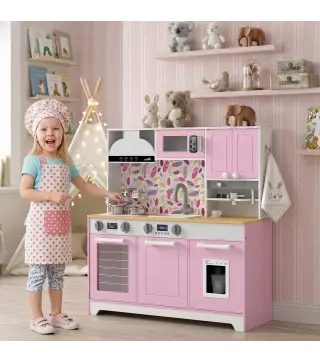 Cocina de Juguete de Madera con Accesorios de Acero Inoxidable Cafetera Máquina de Hielo Fregadero Fogones Rosa