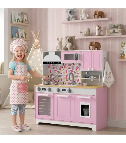 Cocina de Juguete de Madera con Accesorios de Acero Inoxidable Cafetera Máquina de Hielo Fregadero Fogones Rosa