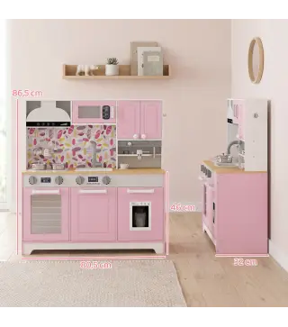 Cocina de Juguete de Madera con Accesorios de Acero Inoxidable Cafetera Máquina de Hielo Fregadero Fogones Rosa