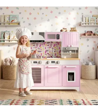 Cocina de Juguete de Madera con Accesorios de Acero Inoxidable Cafetera Máquina de Hielo Fregadero Fogones Rosa