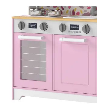 Cocina de Juguete de Madera con Accesorios de Acero Inoxidable Cafetera Máquina de Hielo Fregadero Fogones Rosa