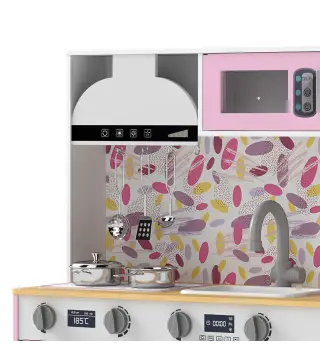Cocina de Juguete de Madera con Accesorios de Acero Inoxidable Cafetera Máquina de Hielo Fregadero Fogones Rosa