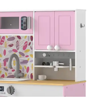 Cocina de Juguete de Madera con Accesorios de Acero Inoxidable Cafetera Máquina de Hielo Fregadero Fogones Rosa
