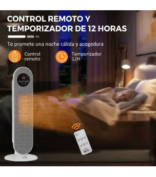 Calefactor Eléctrico Cerámico PTC 1300/2000W con Control Remoto 15–40 °C Oscilación de 45° Temporizador 12H Blanco