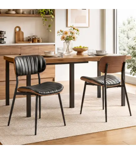 Set de 2 Sillas de Comedor Tapizadas de Piel Sintética con Respaldo Curvo Patas de Metal 49,5x49,5x80 cm Negro y Marrón