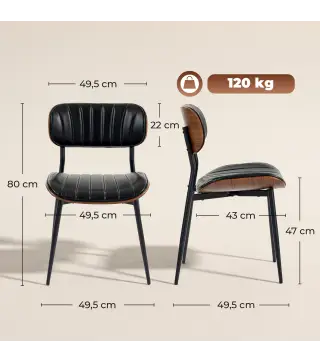 Set de 2 Sillas de Comedor Tapizadas de Piel Sintética con Respaldo Curvo Patas de Metal 49,5x49,5x80 cm Negro y Marrón