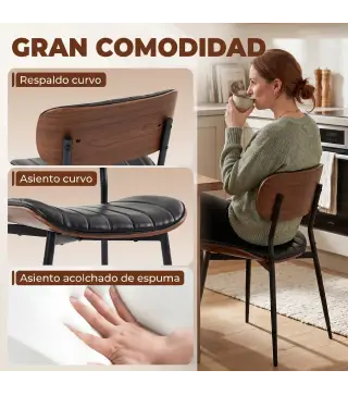Set de 2 Sillas de Comedor Tapizadas de Piel Sintética con Respaldo Curvo Patas de Metal 49,5x49,5x80 cm Negro y Marrón