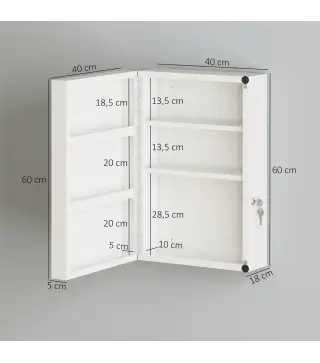 Botiquín de Pared con 6 Compartimentos Cerradura y 2 Llaves para Baño Cocina 40x18x60 cm Blanco