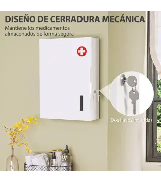 Botiquín de Pared con 6 Compartimentos Cerradura y 2 Llaves para Baño Cocina 40x18x60 cm Blanco