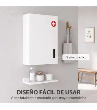 Botiquín de Pared con 6 Compartimentos Cerradura y 2 Llaves para Baño Cocina 40x18x60 cm Blanco
