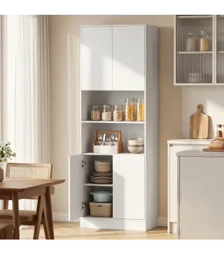 Alacena de Cocina Alta con 4 Puertas con Bisagras de Cierre Suave Estantes Ajustables 2 Compartimentos Abiertos Blanco