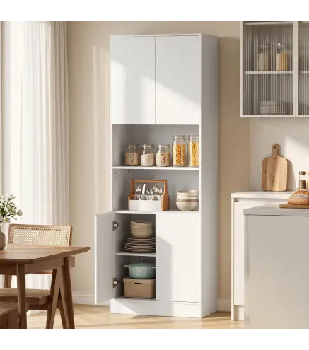 Alacena de Cocina Alta con 4 Puertas con Bisagras de Cierre Suave Estantes Ajustables 2 Compartimentos Abiertos Blanco