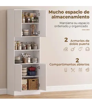 Alacena de Cocina Alta con 4 Puertas con Bisagras de Cierre Suave Estantes Ajustables 2 Compartimentos Abiertos Blanco