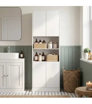 Alacena de Cocina Alta con 4 Puertas con Bisagras de Cierre Suave Estantes Ajustables 2 Compartimentos Abiertos Blanco