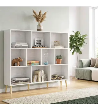 Librería de 3 Niveles con 10 Cubos Patas de Madera Maciza 140x24x107 cm Blanco