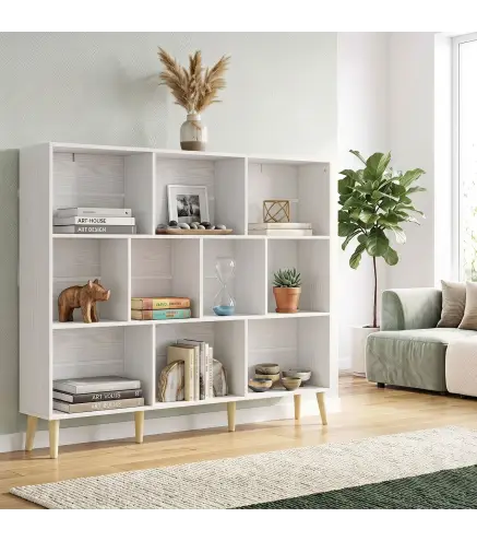Librería de 3 Niveles con 10 Cubos Patas de Madera Maciza 140x24x107 cm Blanco