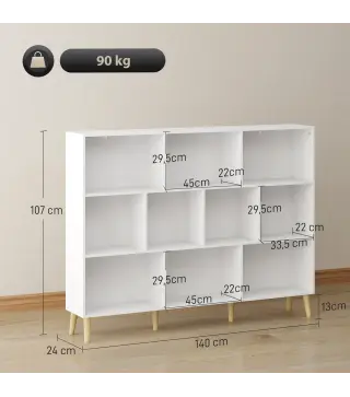 Librería de 3 Niveles con 10 Cubos Patas de Madera Maciza 140x24x107 cm Blanco