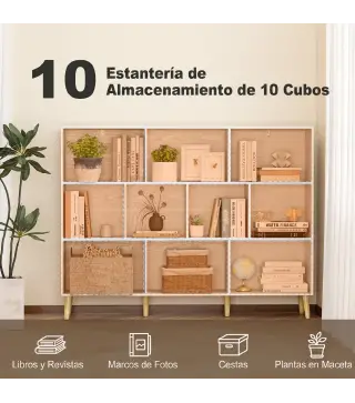 Librería de 3 Niveles con 10 Cubos Patas de Madera Maciza 140x24x107 cm Blanco