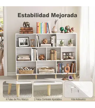 Librería de 3 Niveles con 10 Cubos Patas de Madera Maciza 140x24x107 cm Blanco