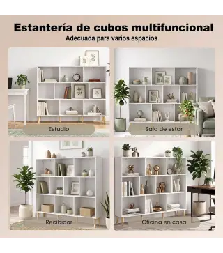 Librería de 3 Niveles con 10 Cubos Patas de Madera Maciza 140x24x107 cm Blanco