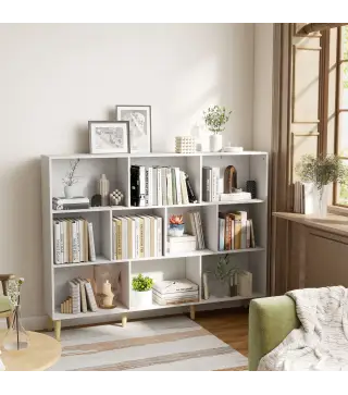 Librería de 3 Niveles con 10 Cubos Patas de Madera Maciza 140x24x107 cm Blanco