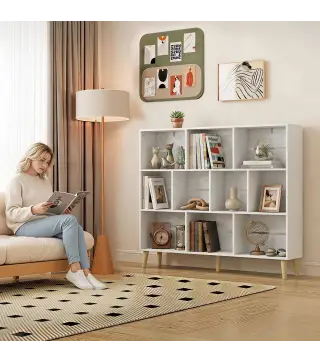 Librería de 3 Niveles con 10 Cubos Patas de Madera Maciza 140x24x107 cm Blanco