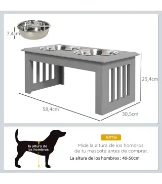 Comedero Elevado para Perros con 2 Cuencos Extraíbles de Acero Inoxidable 58,4x30,5x25,4 cmGris