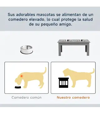 Comedero Elevado para Perros con 2 Cuencos Extraíbles de Acero Inoxidable 58,4x30,5x25,4 cmGris