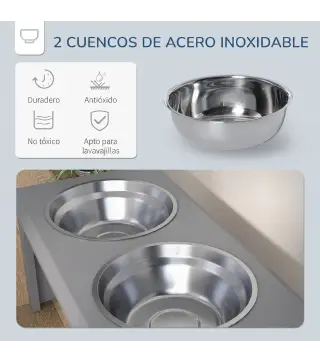 Comedero Elevado para Perros con 2 Cuencos Extraíbles de Acero Inoxidable 58,4x30,5x25,4 cmGris