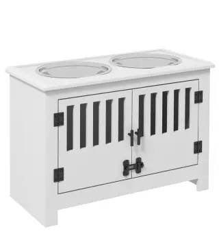 Comedero para Perro Elevado con 2 Cuencos de Acero Inoxidable 2x2 L con Almacenamiento 37 L y 2 Puertas con Pestillos Blanco