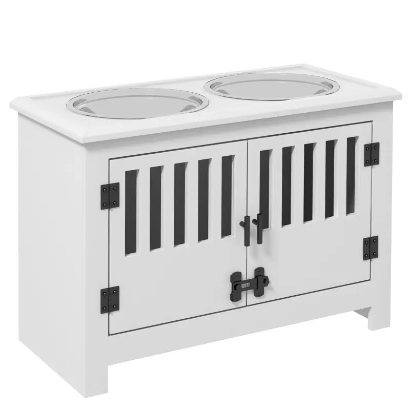 Comedero para Perro Elevado con 2 Cuencos de Acero Inoxidable 2x2 L con Almacenamiento 37 L y 2 Puertas con Pestillos Blanco