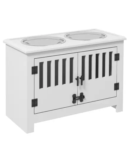 Comedero para Perro Elevado con 2 Cuencos de Acero Inoxidable 2x2 L con Almacenamiento 37 L y 2 Puertas con Pestillos Blanco