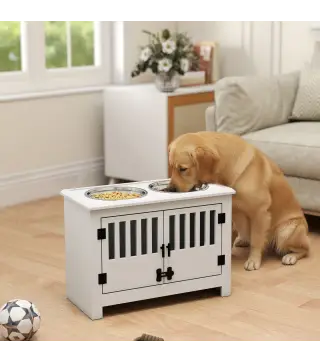 Comedero para Perro Elevado con 2 Cuencos de Acero Inoxidable 2x2 L con Almacenamiento 37 L y 2 Puertas con Pestillos Blanco