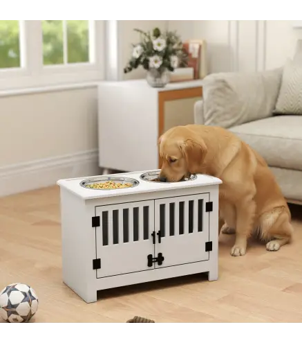 Comedero para Perro Elevado con 2 Cuencos de Acero Inoxidable 2x2 L con Almacenamiento 37 L y 2 Puertas con Pestillos Blanco