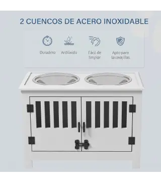 Comedero para Perro Elevado con 2 Cuencos de Acero Inoxidable 2x2 L con Almacenamiento 37 L y 2 Puertas con Pestillos Blanco