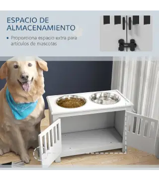 Comedero para Perro Elevado con 2 Cuencos de Acero Inoxidable 2x2 L con Almacenamiento 37 L y 2 Puertas con Pestillos Blanco