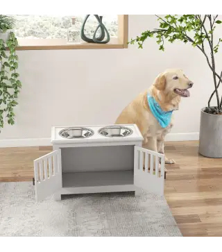 Comedero para Perro Elevado con 2 Cuencos de Acero Inoxidable 2x2 L con Almacenamiento 37 L y 2 Puertas con Pestillos Blanco